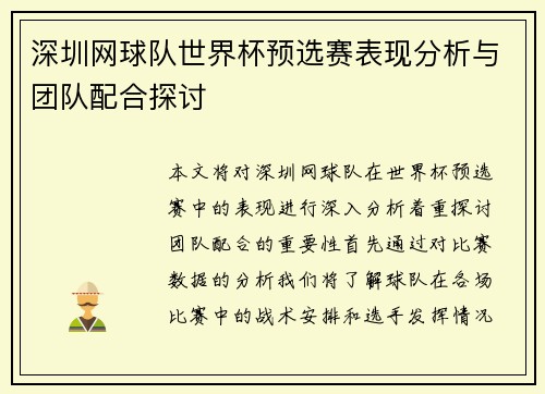 深圳网球队世界杯预选赛表现分析与团队配合探讨