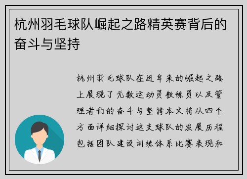 杭州羽毛球队崛起之路精英赛背后的奋斗与坚持